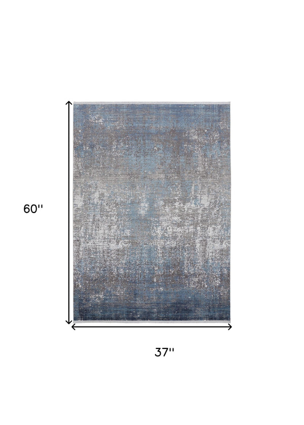 Homeroots 3' X 5' Blue And Gray Abstract Power Loom Distressed Area Rug With Fringe Blue,Gray,Silver Viscose 512126