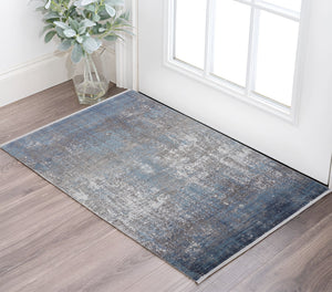 Homeroots 3' X 5' Blue And Gray Abstract Power Loom Distressed Area Rug With Fringe Blue,Gray,Silver Viscose 512126