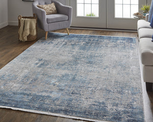 Homeroots 5' X 8' Blue Gray And Silver Abstract Power Loom Distressed Area Rug With Fringe Blue,Gray,Silver Viscose 512127