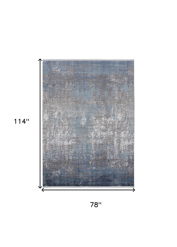 Homeroots 7' X 10' Blue And Gray Abstract Power Loom Distressed Area Rug With Fringe Blue,Gray,Silver Viscose 512128