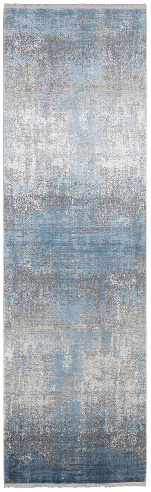 Homeroots 10' Blue And Gray Abstract Power Loom Distressed Runner Rug With Fringe Blue,Gray,Silver Viscose 512131