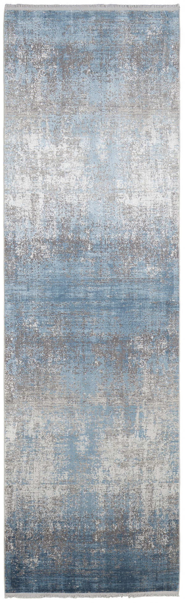 Homeroots 10' Blue And Gray Abstract Power Loom Distressed Runner Rug With Fringe Blue,Gray,Silver Viscose 512131