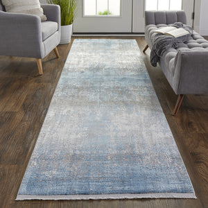 Homeroots 10' Blue And Gray Abstract Power Loom Distressed Runner Rug With Fringe Blue,Gray,Silver Viscose 512131