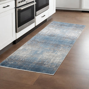 Homeroots 10' Blue And Gray Abstract Power Loom Distressed Runner Rug With Fringe Blue,Gray,Silver Viscose 512131