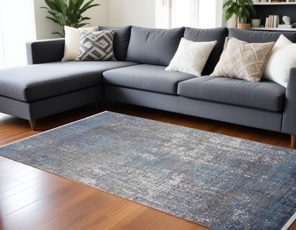 Homeroots 12' X 15' Blue Gray And Silver Abstract Power Loom Distressed Area Rug With Fringe Blue,Gray,Silver Viscose 512134