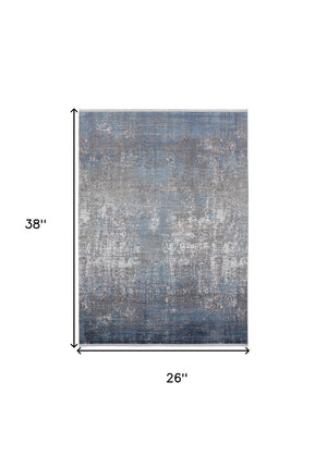 Homeroots 2' X 3' Blue And Gray Abstract Power Loom Distressed Area Rug With Fringe Blue,Gray,Silver Viscose 512135
