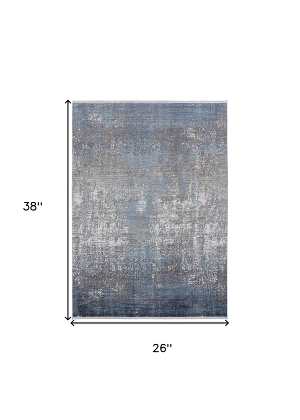 Homeroots 2' X 3' Blue And Gray Abstract Power Loom Distressed Area Rug With Fringe Blue,Gray,Silver Viscose 512135