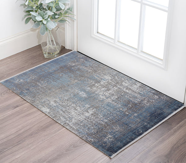 Homeroots 2' X 3' Blue And Gray Abstract Power Loom Distressed Area Rug With Fringe Blue,Gray,Silver Viscose 512135