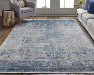 Homeroots 2' X 3' Blue And Gray Abstract Power Loom Distressed Area Rug With Fringe Blue,Gray,Silver Viscose 512135
