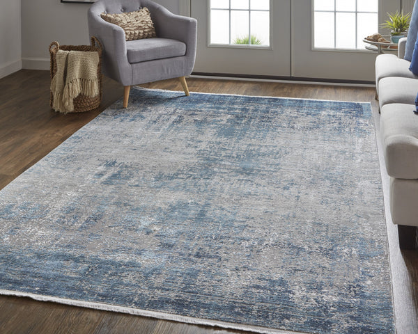 Homeroots 2' X 3' Blue And Gray Abstract Power Loom Distressed Area Rug With Fringe Blue,Gray,Silver Viscose 512135