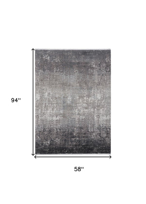 Homeroots 5' X 8' Gray Black And Silver Abstract Power Loom Distressed Area Rug With Fringe Gray,Black,Silver Viscose 512137