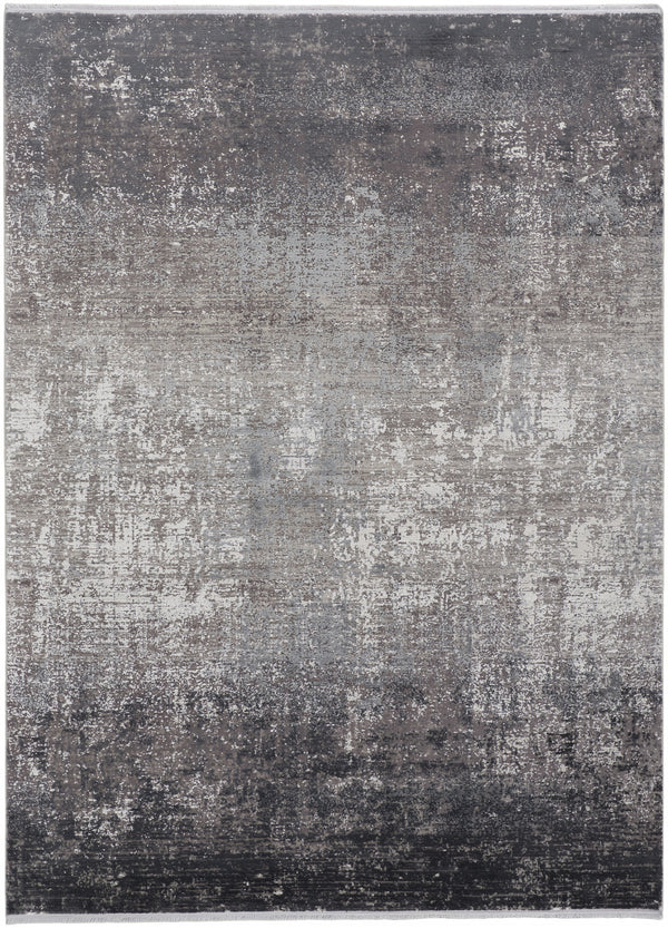 Homeroots 8' X 11' Gray Black And Silver Abstract Power Loom Distressed Area Rug With Fringe Gray,Black,Silver Viscose 512139