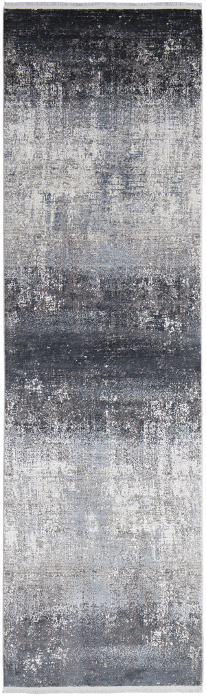Homeroots 10' Gray And Black Abstract Power Loom Distressed Runner Rug With Fringe Gray,Black,Silver Viscose 512141