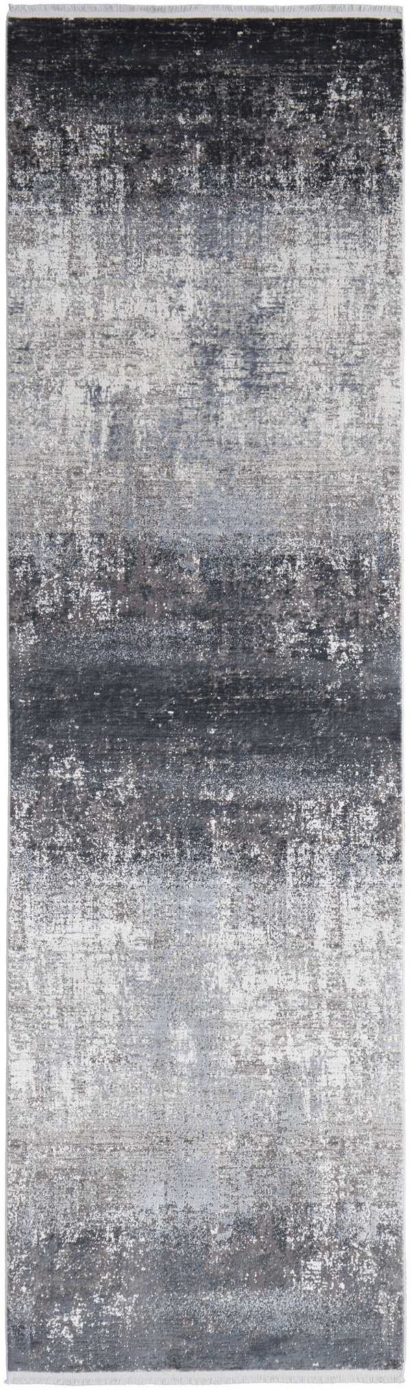 Homeroots 10' Gray And Black Abstract Power Loom Distressed Runner Rug With Fringe Gray,Black,Silver Viscose 512141