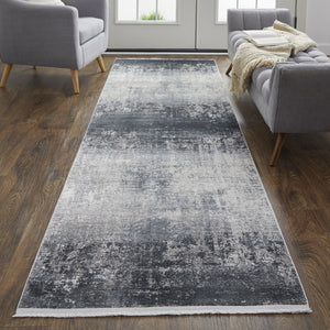 Homeroots 10' Gray And Black Abstract Power Loom Distressed Runner Rug With Fringe Gray,Black,Silver Viscose 512141