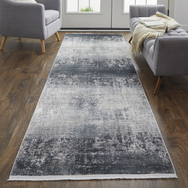 Homeroots 10' Gray And Black Abstract Power Loom Distressed Runner Rug With Fringe Gray,Black,Silver Viscose 512141