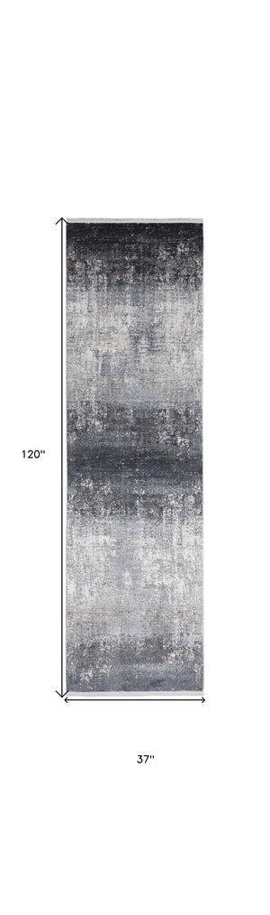 Homeroots 10' Gray And Black Abstract Power Loom Distressed Runner Rug With Fringe Gray,Black,Silver Viscose 512141