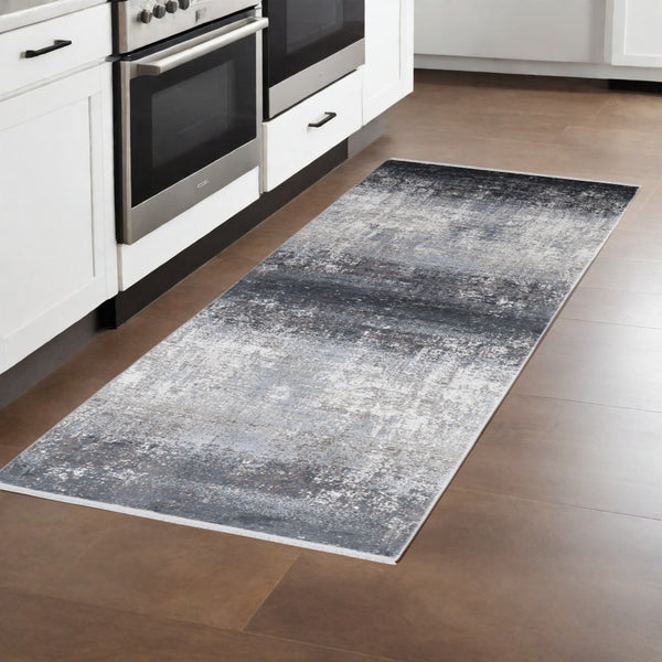 Homeroots 10' Gray And Black Abstract Power Loom Distressed Runner Rug With Fringe Gray,Black,Silver Viscose 512141
