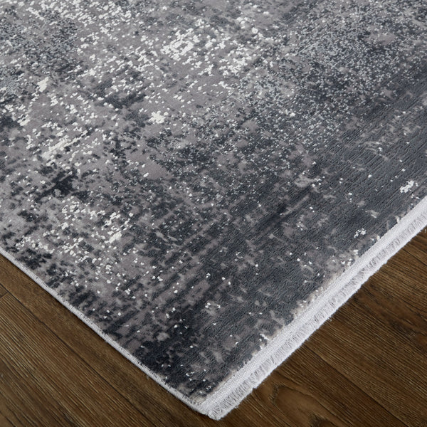 Homeroots 12' X 15' Gray And Black Abstract Power Loom Distressed Area Rug With Fringe Gray,Black,Silver Viscose 512144