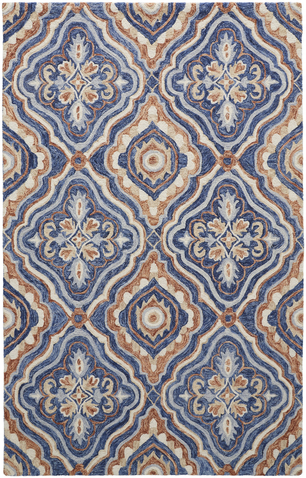 Homeroots 5' X 8' Blue Orange And Ivory Wool Geometric Tufted Handmade Stain Resistant Area Rug Blue,Orange,Ivory Wool 512166