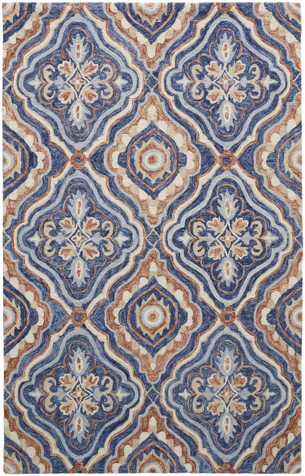 Homeroots 5' X 8' Blue Orange And Ivory Wool Geometric Tufted Handmade Stain Resistant Area Rug Blue,Orange,Ivory Wool 512166