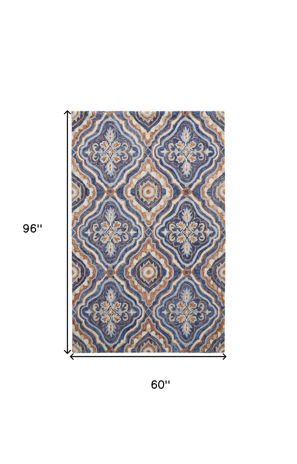 Homeroots 5' X 8' Blue Orange And Ivory Wool Geometric Tufted Handmade Stain Resistant Area Rug Blue,Orange,Ivory Wool 512166
