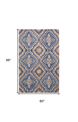 Homeroots 5' X 8' Blue Orange And Ivory Wool Geometric Tufted Handmade Stain Resistant Area Rug Blue,Orange,Ivory Wool 512166