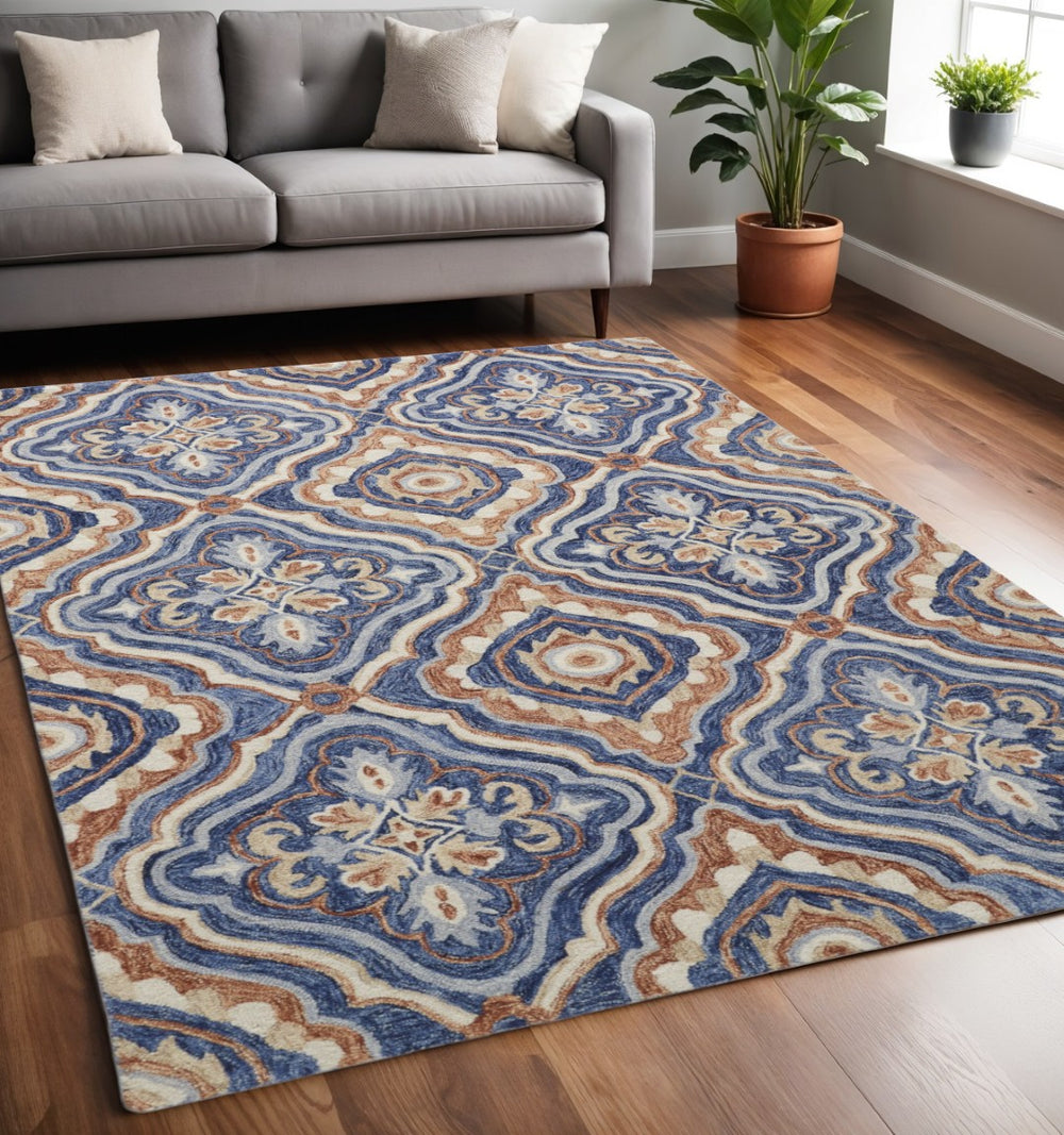 HomeRoots 5' Handmade Wool Geometric Tufted Area Rug – Stain Resistant, Durable, Perfect for High-Traffic Spaces Blue/Orange/Ivory 5' x 8' 512166
