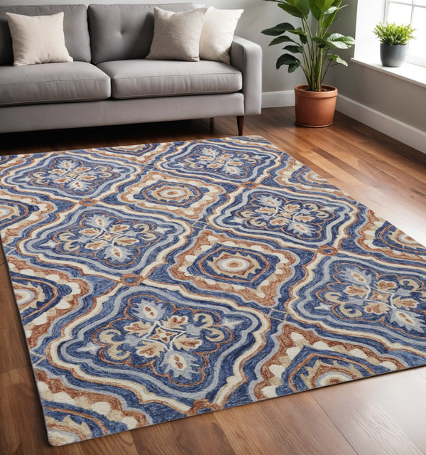 HomeRoots 5' Handmade Wool Geometric Tufted Area Rug – Stain Resistant, Durable, Perfect for High-Traffic Spaces Blue/Orange/Ivory 5' x 8' 512166