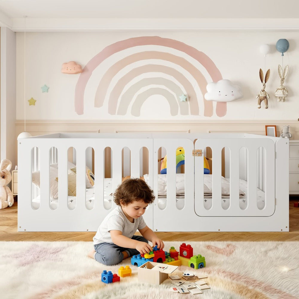 English Elm Twin Solid Pine Montessori Floor Bed with House Frame Door and Safety Fence Light White W5305P420635