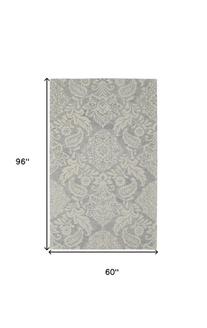 HomeRoots 5' Handmade Wool Paisley Area Rug - Elegant Blue and Ivory Design, Stain Resistant for Busy Homes 5' X 8' 512192