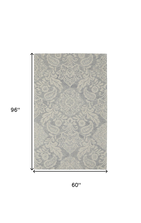 HomeRoots 5' Handmade Wool Paisley Area Rug - Elegant Blue and Ivory Design, Stain Resistant for Busy Homes 5' X 8' 512192