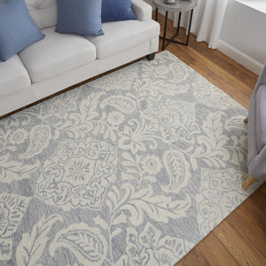 HomeRoots 5' Handmade Wool Paisley Area Rug - Elegant Blue and Ivory Design, Stain Resistant for Busy Homes 8' X 10' 512193