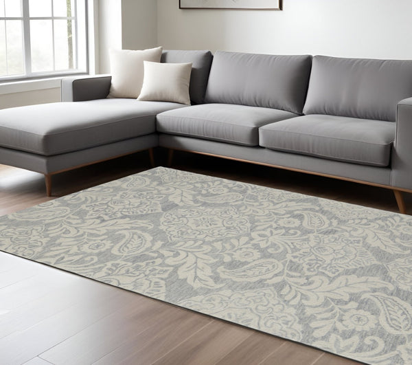HomeRoots 5' Handmade Wool Paisley Area Rug - Elegant Blue and Ivory Design, Stain Resistant for Busy Homes 9' x 12' 512194