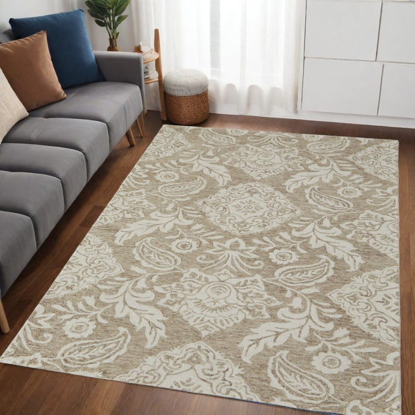HomeRoots 5' Handmade Wool Paisley Area Rug - Elegant Blue and Ivory Design, Stain Resistant for Busy Homes 5' X 8' 512196