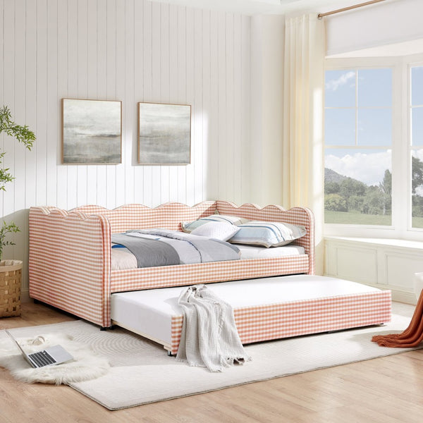 English Elm Full Size Gingham Linen Daybed with Wave Backrest Trundle and Usb Charging Port Pink W1413S00138