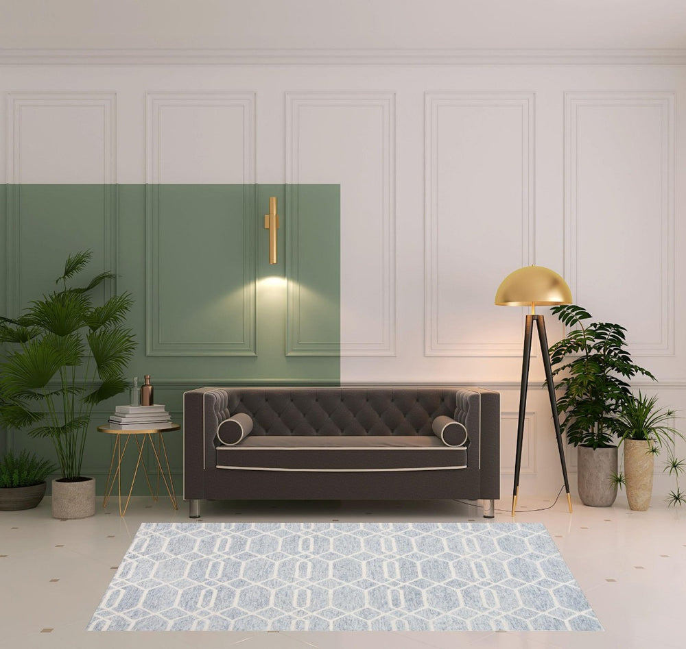HomeRoots 5' Handmade Wool Area Rug with Blue and Ivory Geometric Design, Stain-Resistant for Modern Spaces 5' X 8' 512200