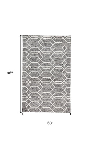Homeroots 5' X 8' Gray Black And Ivory Wool Geometric Tufted Handmade Stain Resistant Area Rug Gray,Black,Ivory Wool 512204