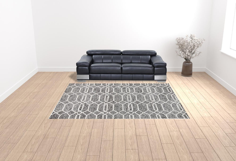 HomeRoots 5' Gray Black Ivory Wool Area Rug - Hand-Tufted Geometric Design for Modern Living Spaces 9' X 12' 512206