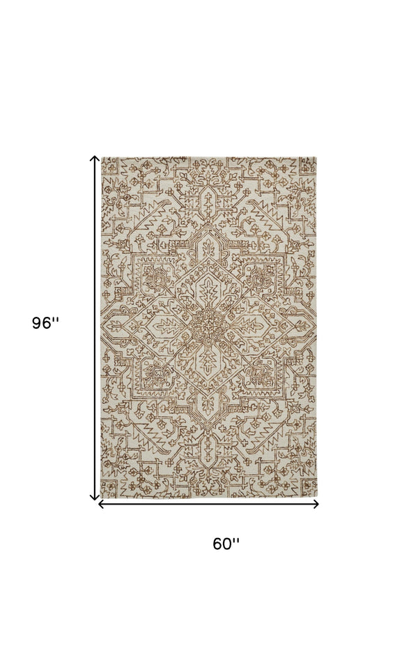 Homeroots 5' X 8' Ivory And Brown Wool Floral Tufted Handmade Stain Resistant Area Rug Ivory,Brown Wool 512208