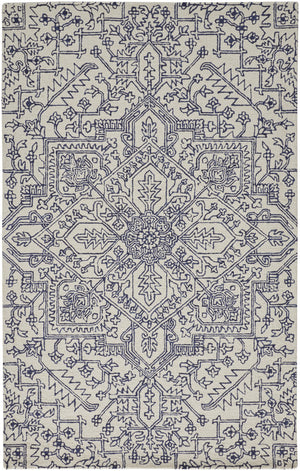 Homeroots 9' X 12' Ivory And Navy Wool Floral Tufted Handmade Stain Resistant Area Rug Ivory,Navy Wool 512218