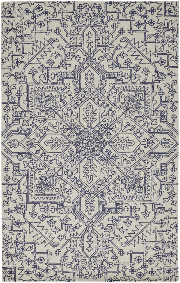 Homeroots 9' X 12' Ivory And Navy Wool Floral Tufted Handmade Stain Resistant Area Rug Ivory,Navy Wool 512218