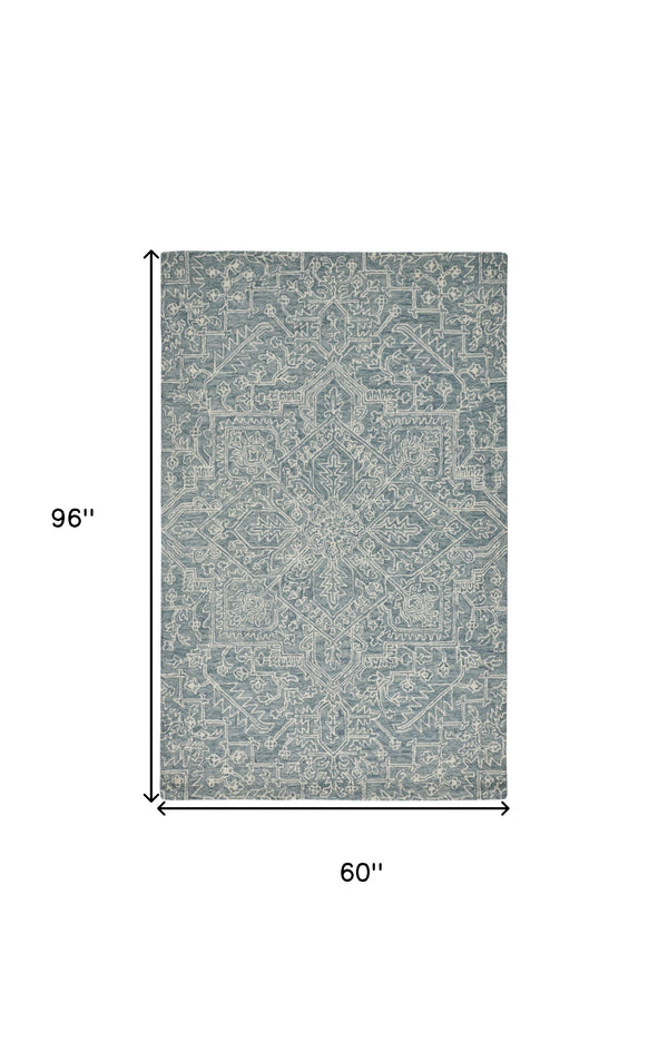 Homeroots 5' X 8' Blue Ivory And Green Wool Floral Tufted Handmade Stain Resistant Area Rug Blue,Ivory,Green Wool 512224