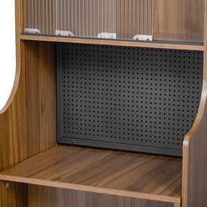 English Elm Modern Wooden Foldable Desk with Hutch Walnut Mid-Century Extendable Workstation LED Shelves Cat Bed N843MP001W