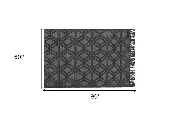 HomeRoots 5' Hand Woven Wool Area Rug in Black and Gray Geometric Design with Fringed Edges for Modern Spaces 5' X 8' 512356