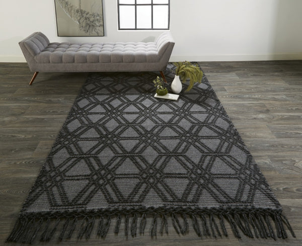 HomeRoots 5' Hand Woven Wool Area Rug in Black and Gray Geometric Design with Fringed Edges for Modern Spaces 5' X 8' 512356