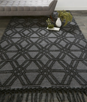 HomeRoots 5' Hand Woven Wool Area Rug in Black and Gray Geometric Design with Fringed Edges for Modern Spaces 5' X 8' 512356