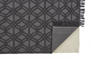 HomeRoots 5' Hand Woven Wool Area Rug in Black and Gray Geometric Design with Fringed Edges for Modern Spaces 5' X 8' 512356