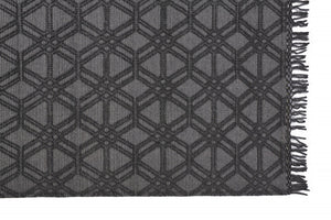 HomeRoots 5' Hand Woven Wool Area Rug in Black and Gray Geometric Design with Fringed Edges for Modern Spaces 5' X 8' 512356