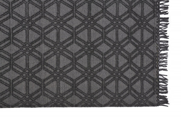 HomeRoots 5' Hand Woven Wool Area Rug in Black and Gray Geometric Design with Fringed Edges for Modern Spaces 5' X 8' 512356